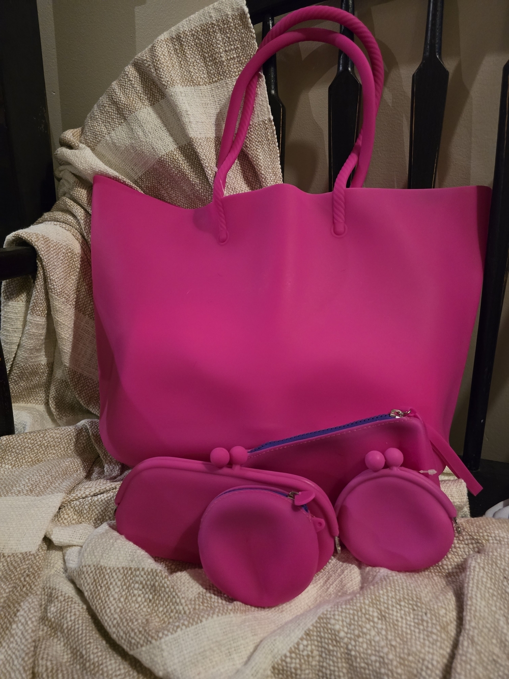🌸 5pc Hot Pink Tote Bag with Matching Pouches - Women Bags